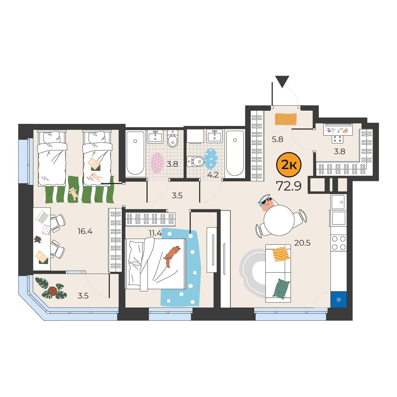 Планировка: Евротрешка 72.9 м² в ЖК Корней, Южный