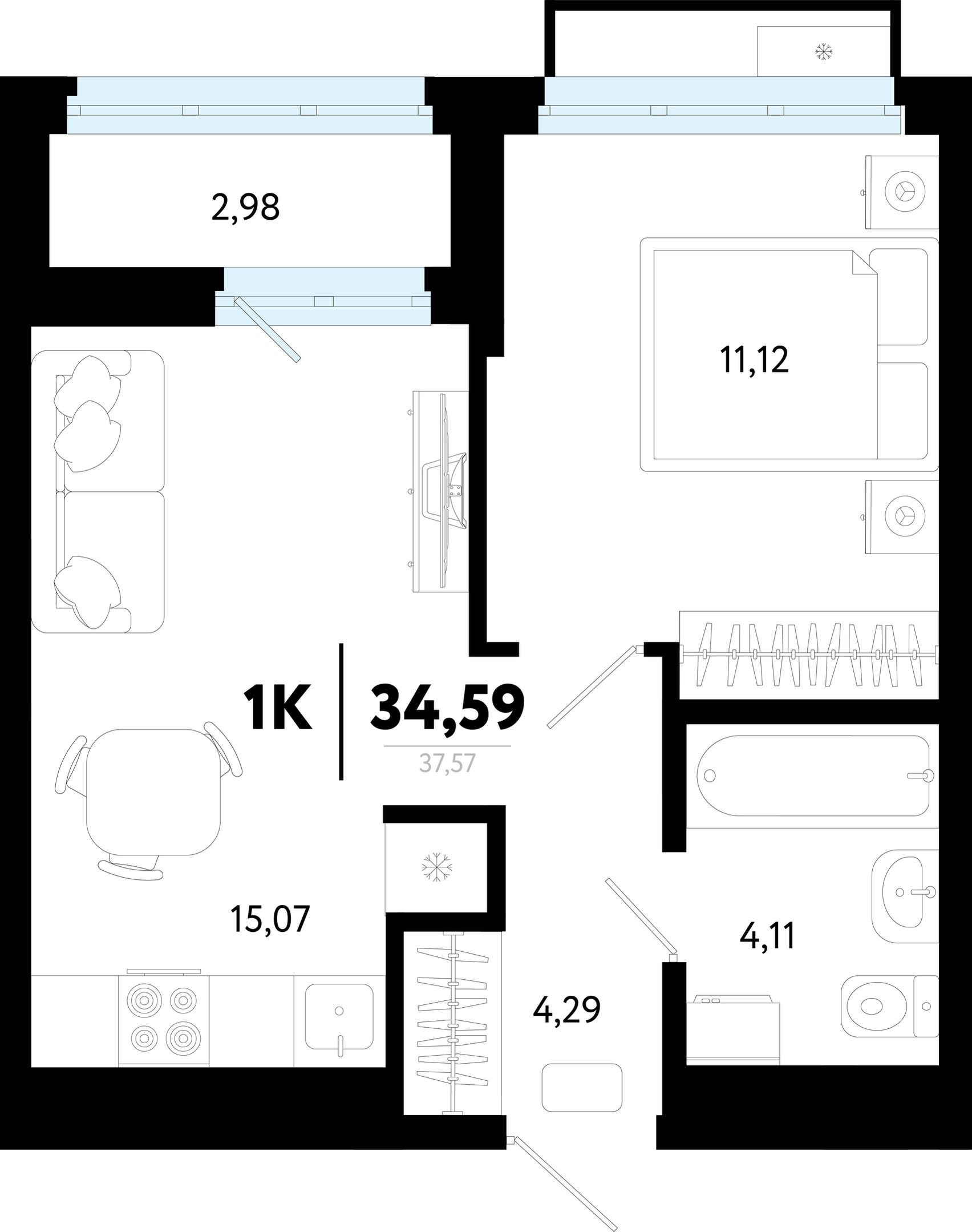 Планировка: Евродвушка 34.6 м² в ЖК Символ, Комарово Парк