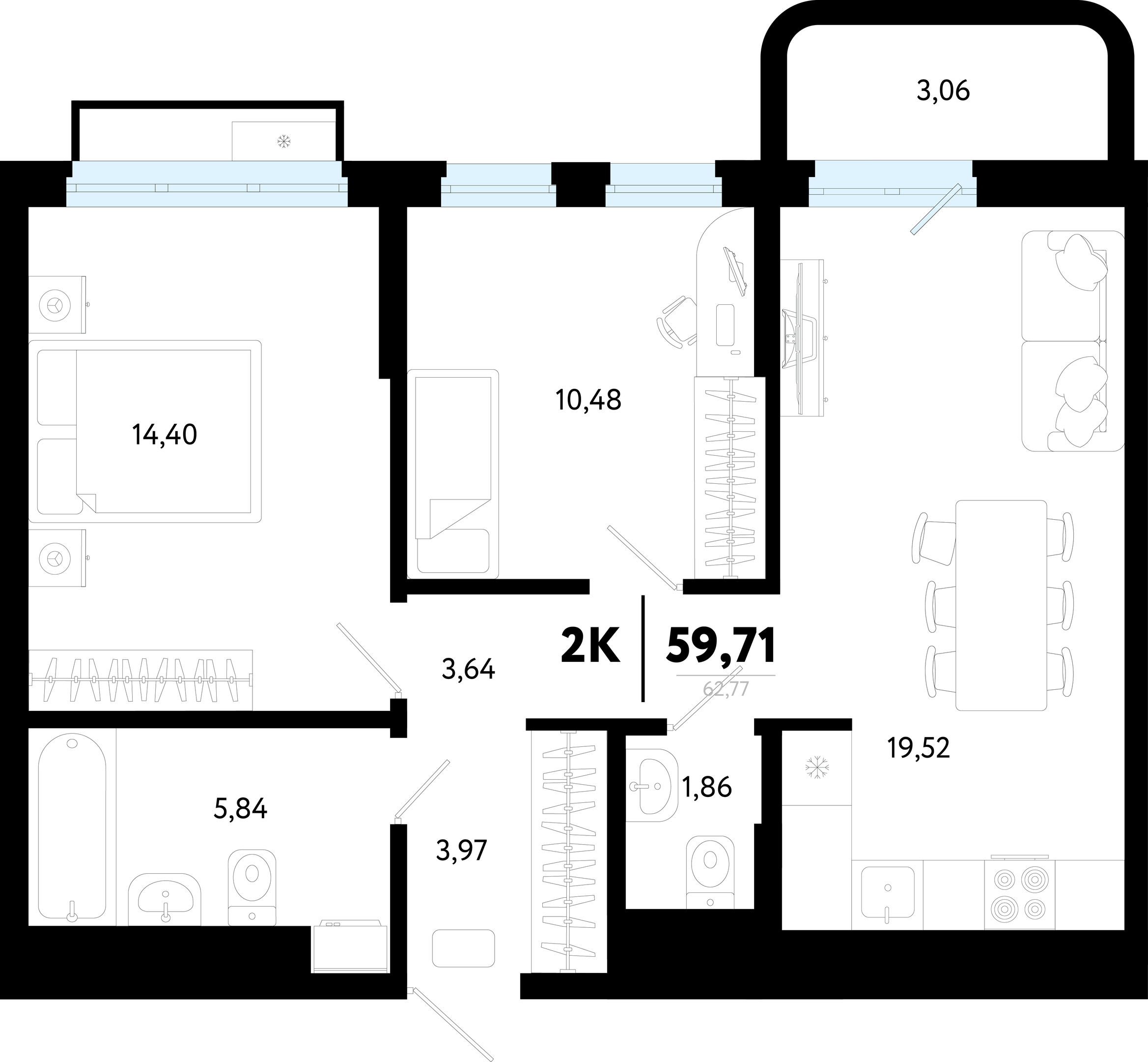 Планировка: Евротрешка 59.7 м² в ЖК Символ, Комарово Парк
