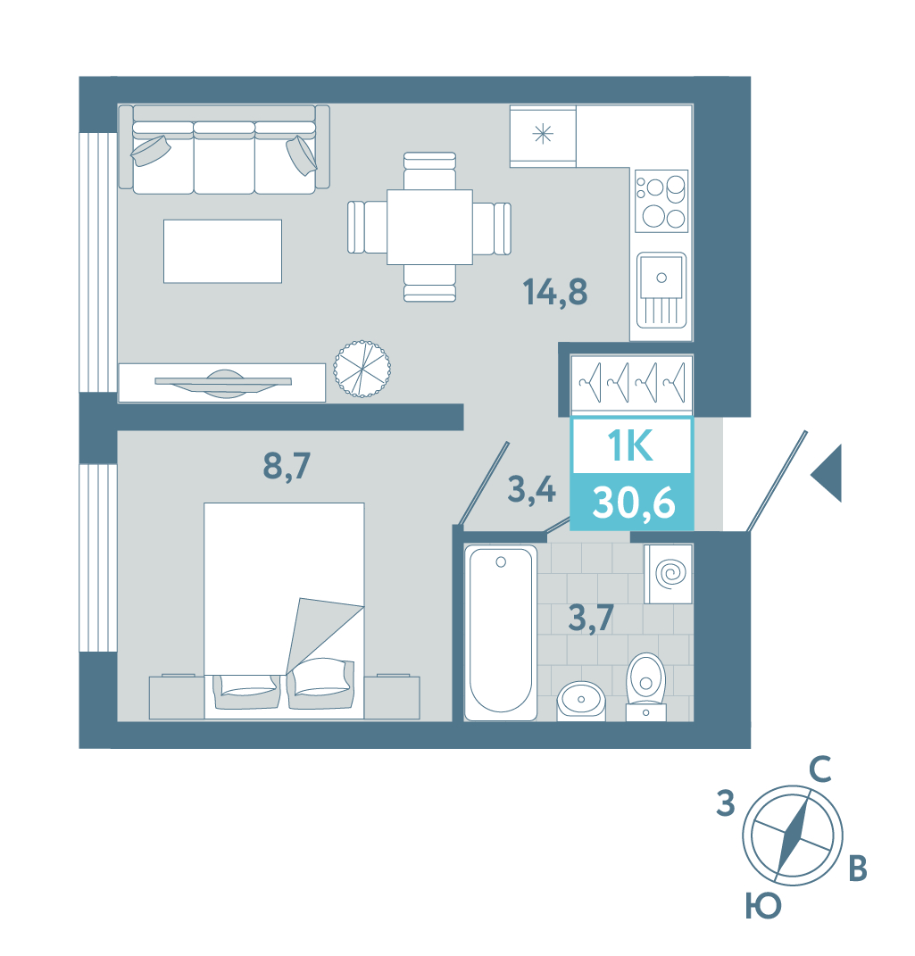 Планировка: Евродвушка 30.6 м² в ЖК AIRIS, Комарово Парк