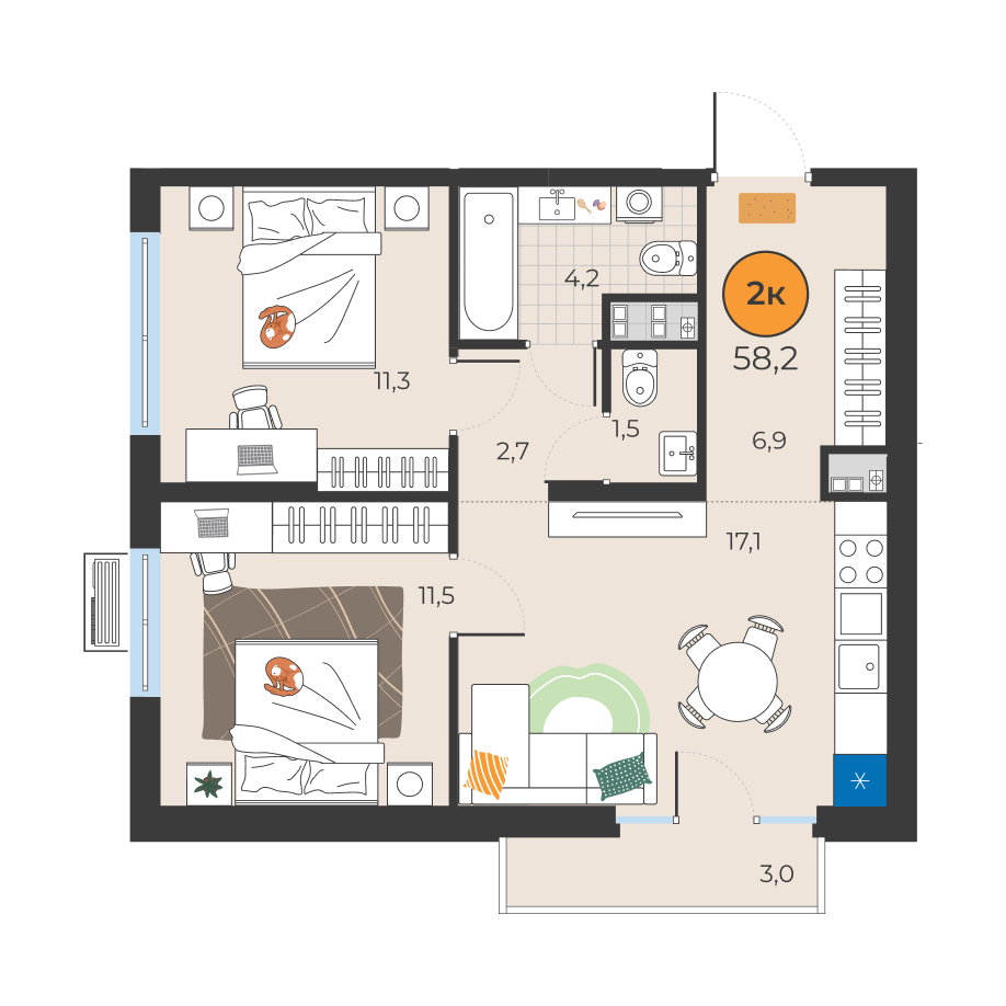 Планировка: Евротрешка 55.2 м² в ЖК Корней, Южный