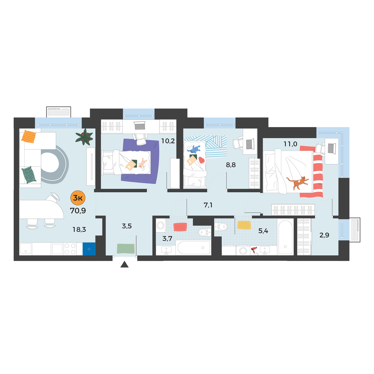 Планировка: 4-комнатная евро 70.9 м² в ЖК Корней, Южный