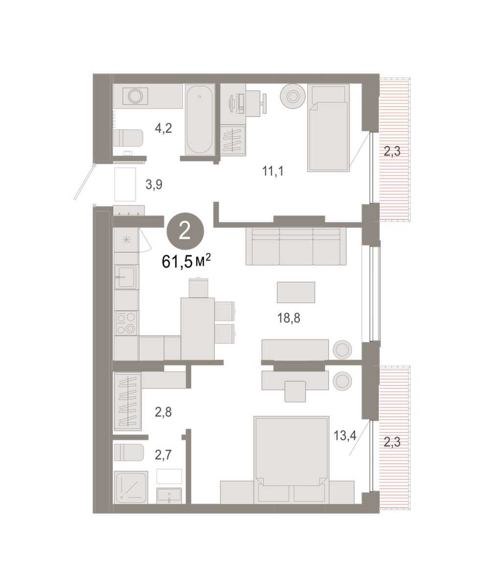 Планировка: Евротрешка 61.5 м² в ЖК Октябрьский на Туре, ДОК