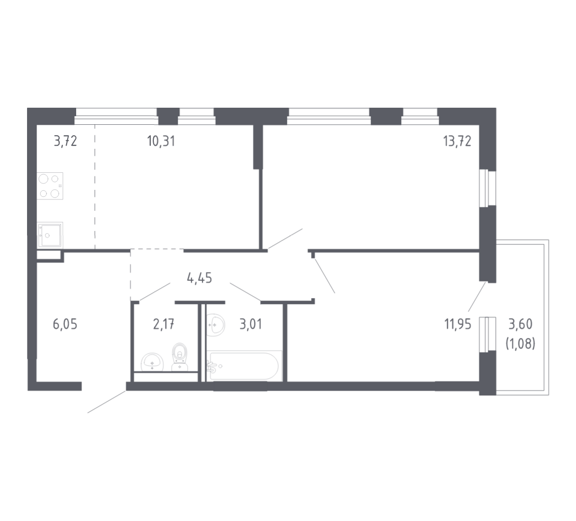 Планировка: Евротрешка 56.5 м² в ЖК Чаркова 72, Мыс