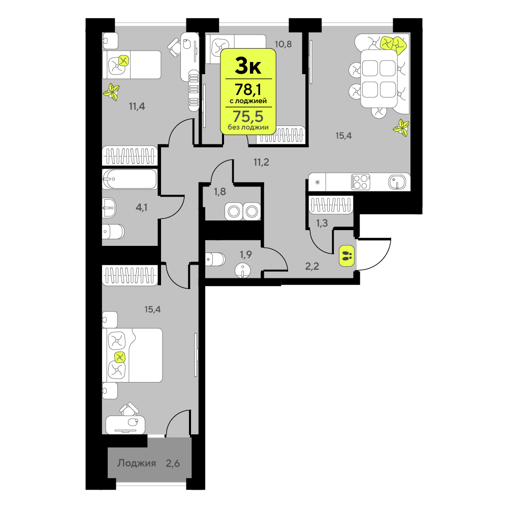 Планировка: 4-комнатная евро 78.1 м² в ЖК Мотивы, От Плеханова до Южного
