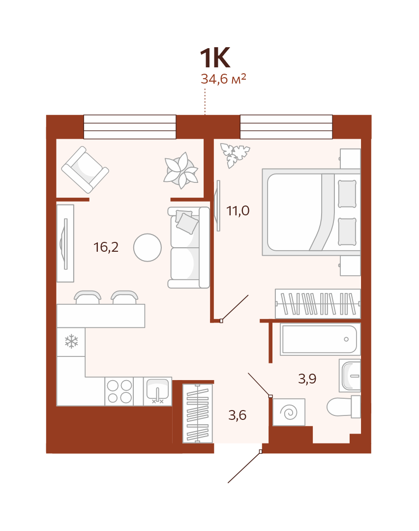 Планировка: Евродвушка 34.6 м² в ЖК Новатор, Центр: КПД