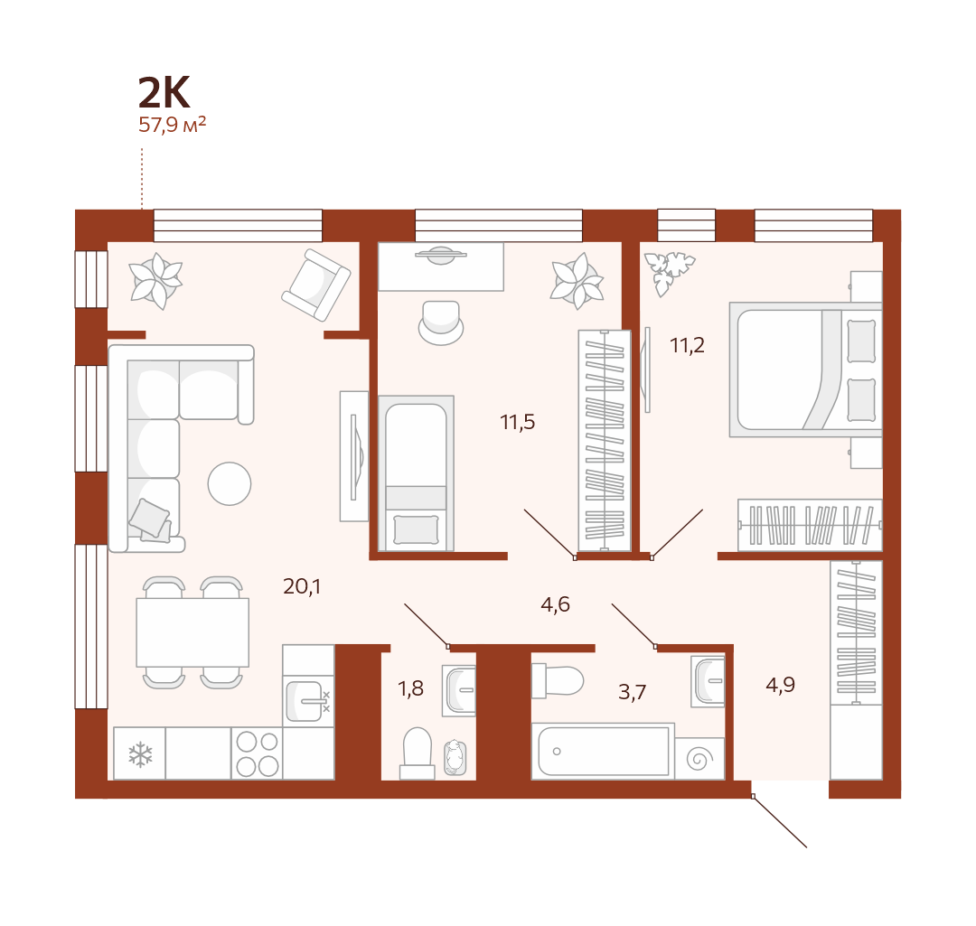 Планировка: Евротрешка 57.9 м² в ЖК Новатор, Центр: КПД