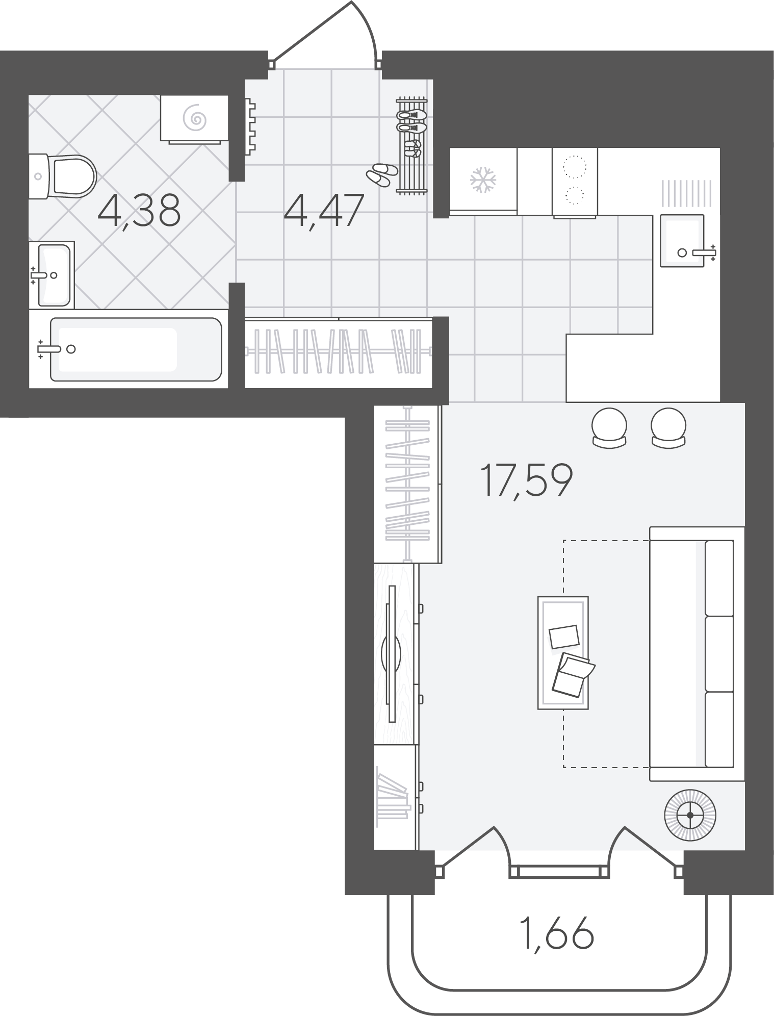Планировка: Студия 28.1 м² в ЖК Скандиа. Квартал в Слободе, Тюменская слобода