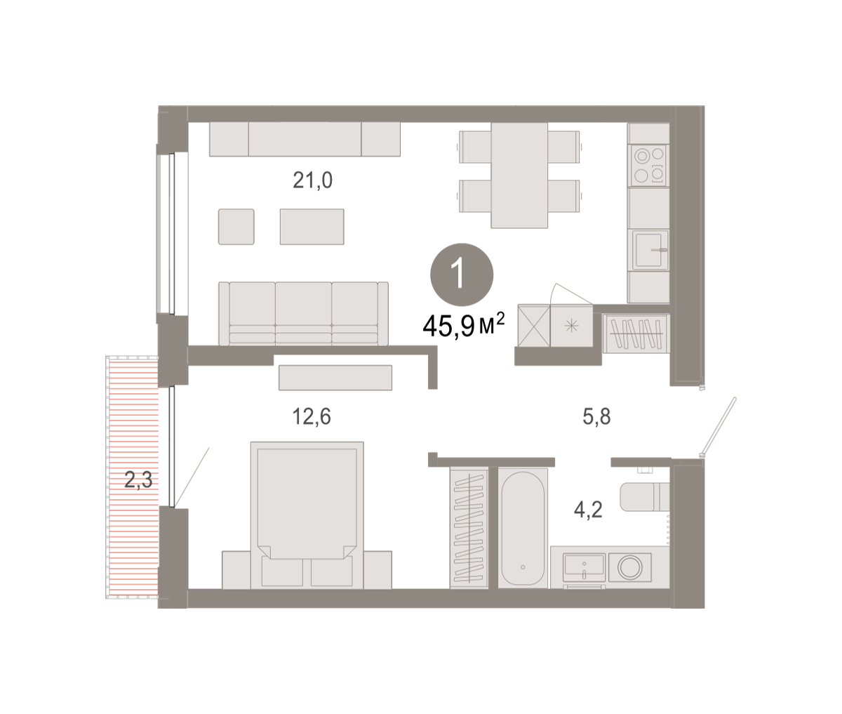 Планировка: Евродвушка 45.9 м² в ЖК Октябрьский на Туре, ДОК