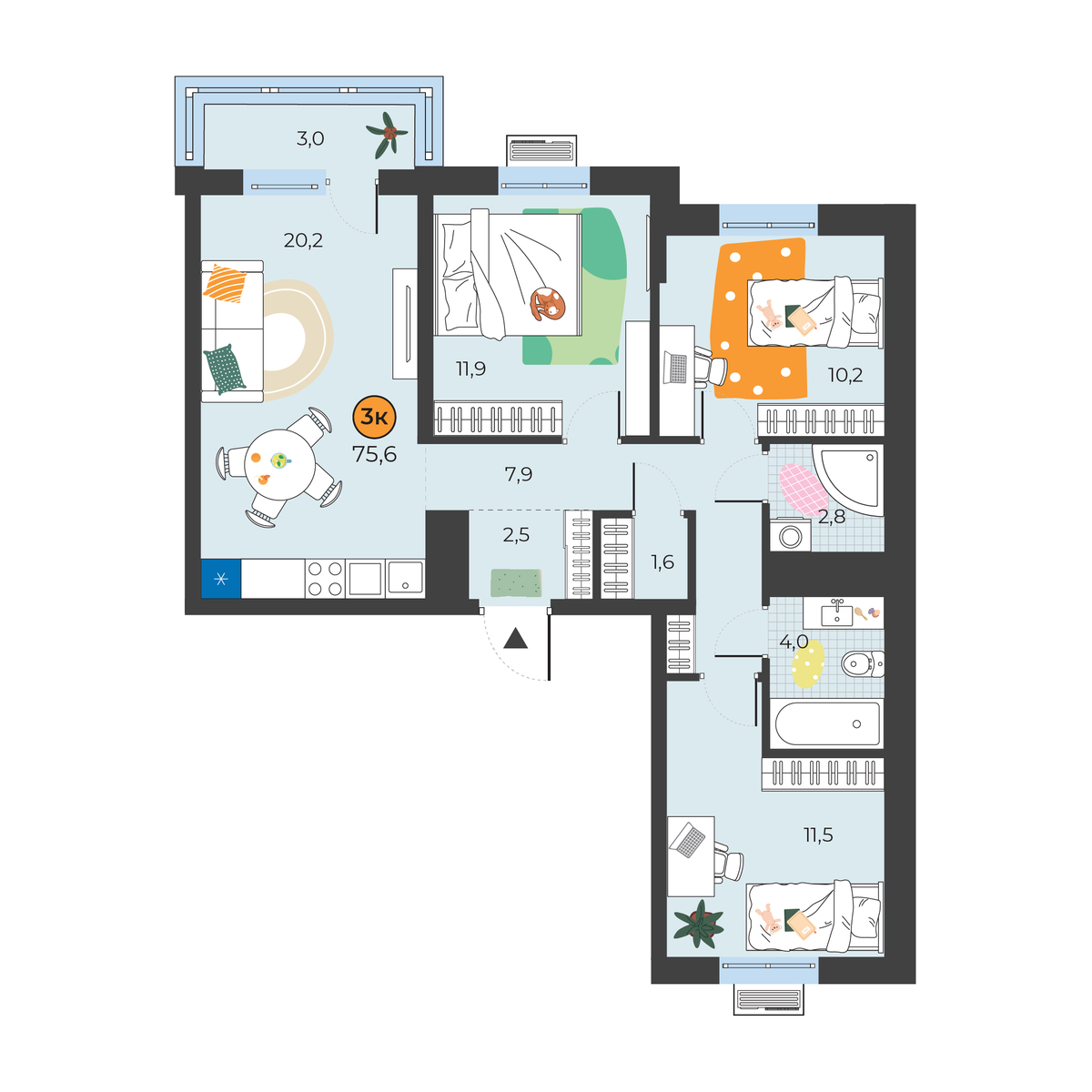 Планировка: 4-комнатная евро 72.6 м² в ЖК Корней, Южный
