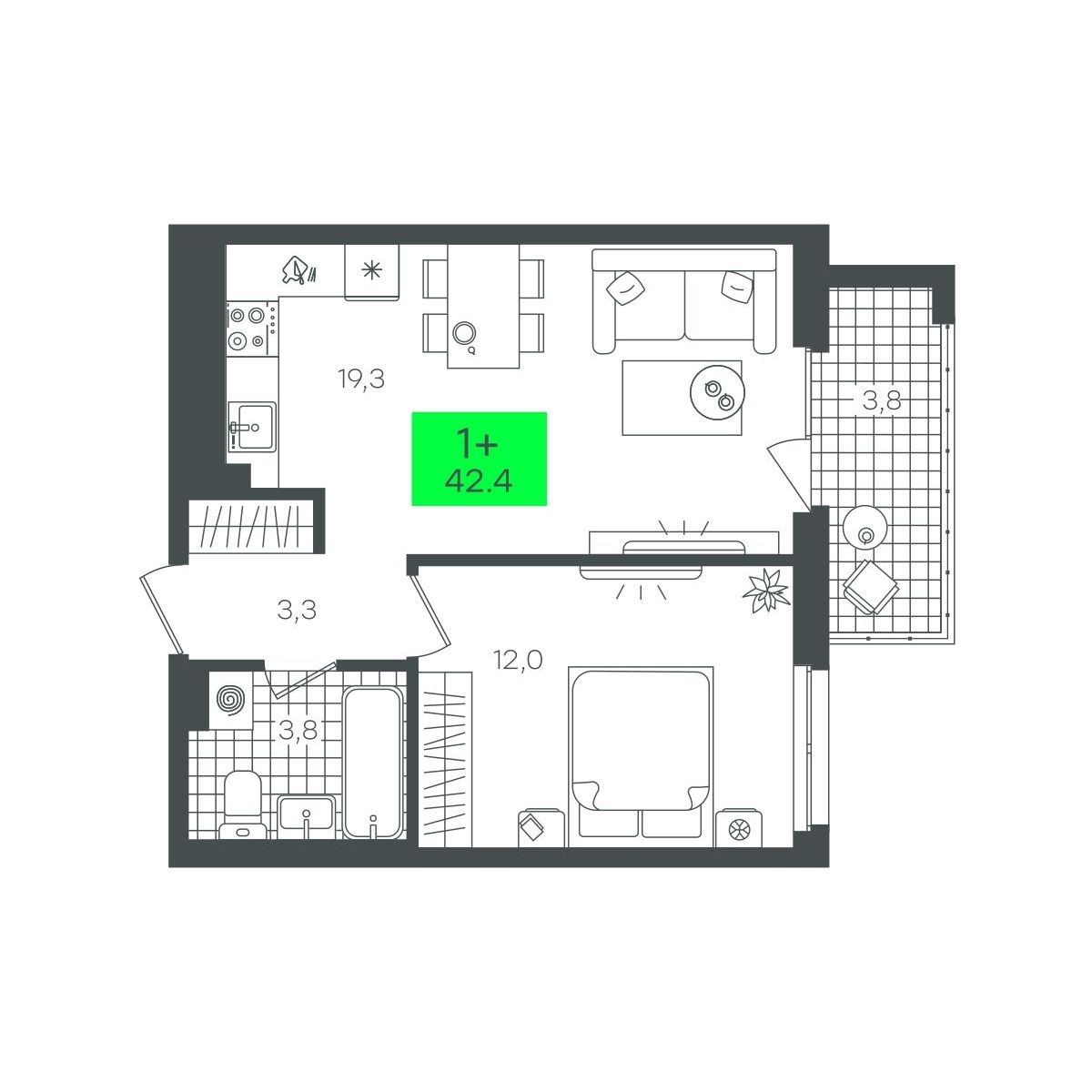 Планировка: Евродвушка 42.4 м² в ЖК Сезоны, От Слободы до Комарово парк
