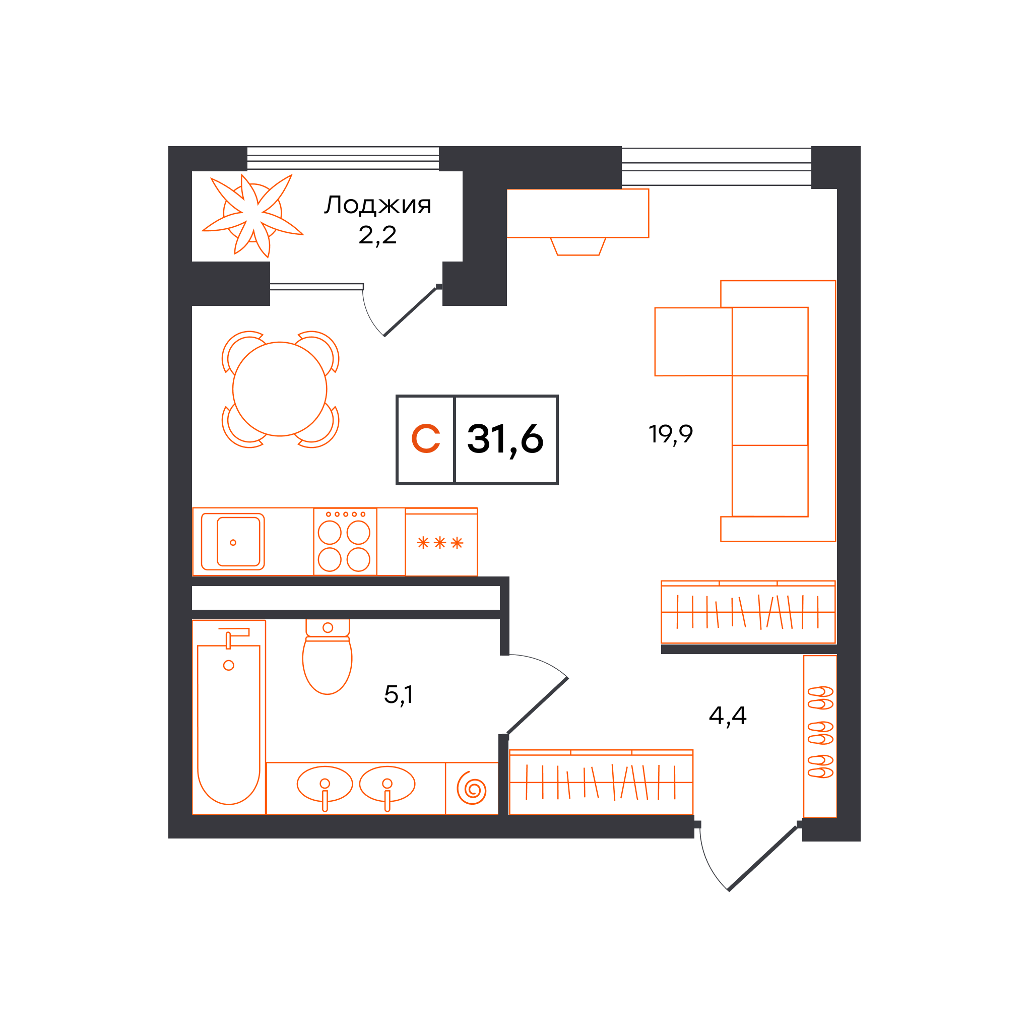 Планировка: Студия 31.6 м² в ЖК Чемпионский, Чемпионский