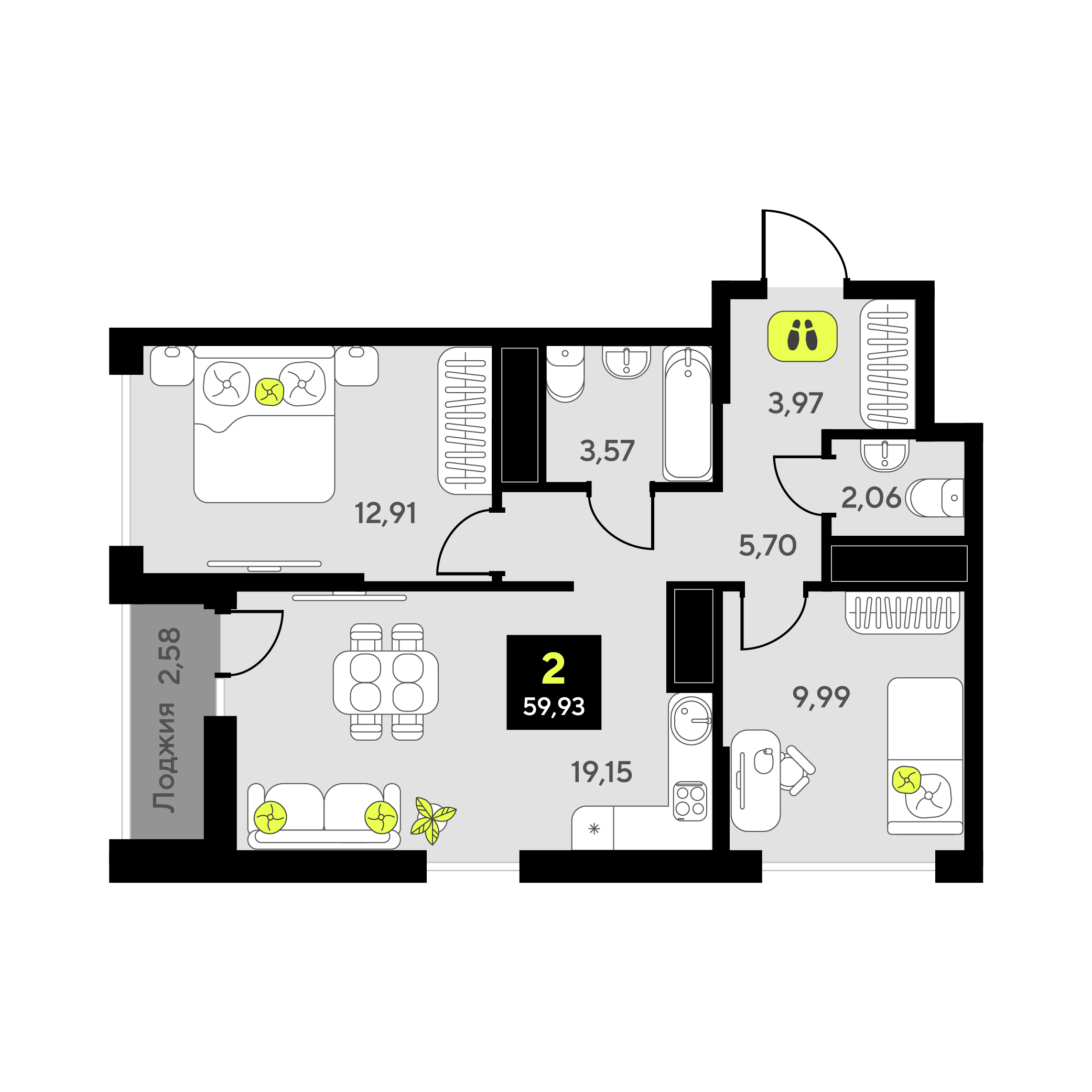 Планировка: Евротрешка 59.9 м² в ЖК Мотивы, От Плеханова до Южного