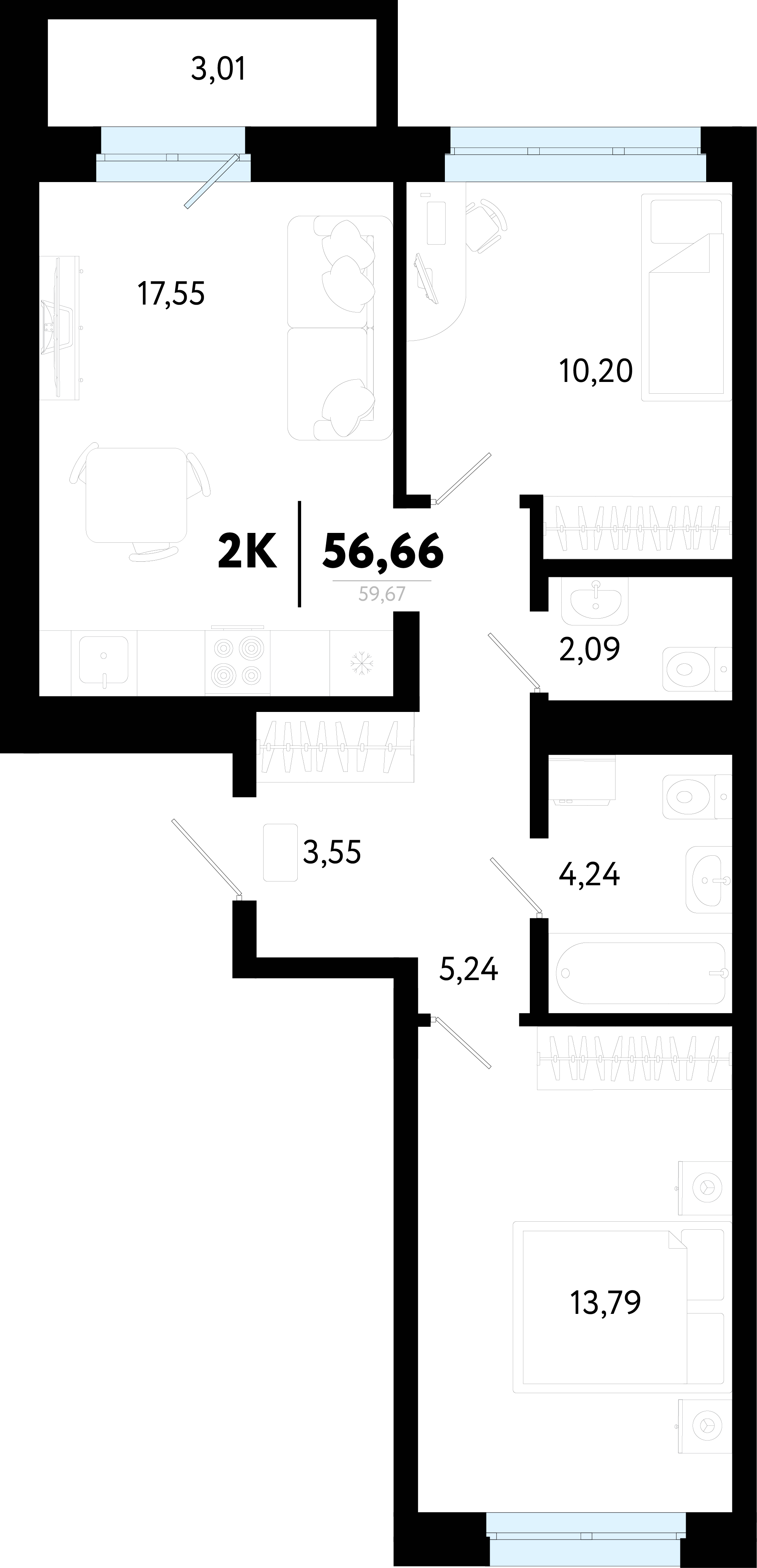 Планировка: Евротрешка 56.7 м² в ЖК Символ, Комарово Парк