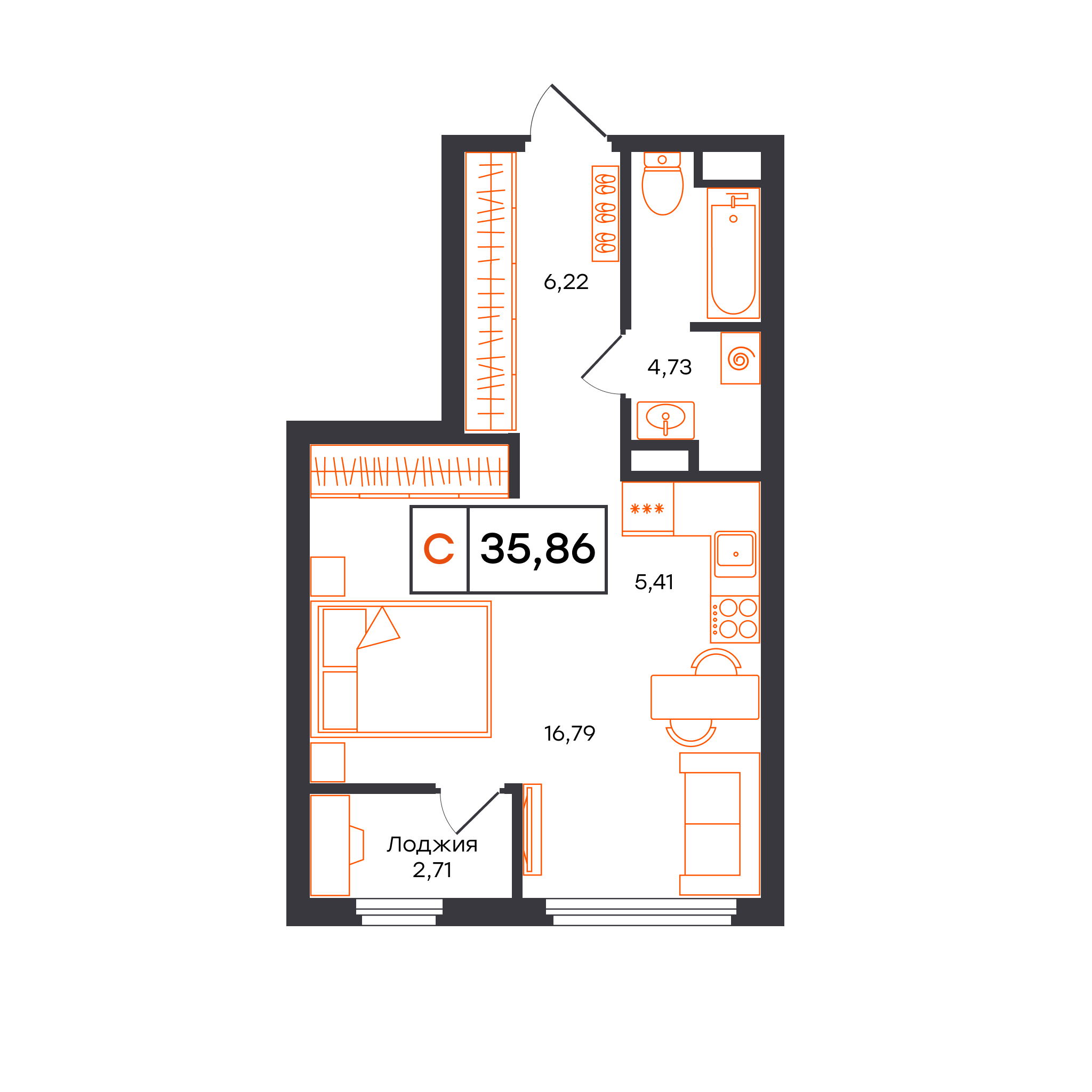 Планировка: Студия 35.9 м² в ЖК Отличие, Комарово Парк