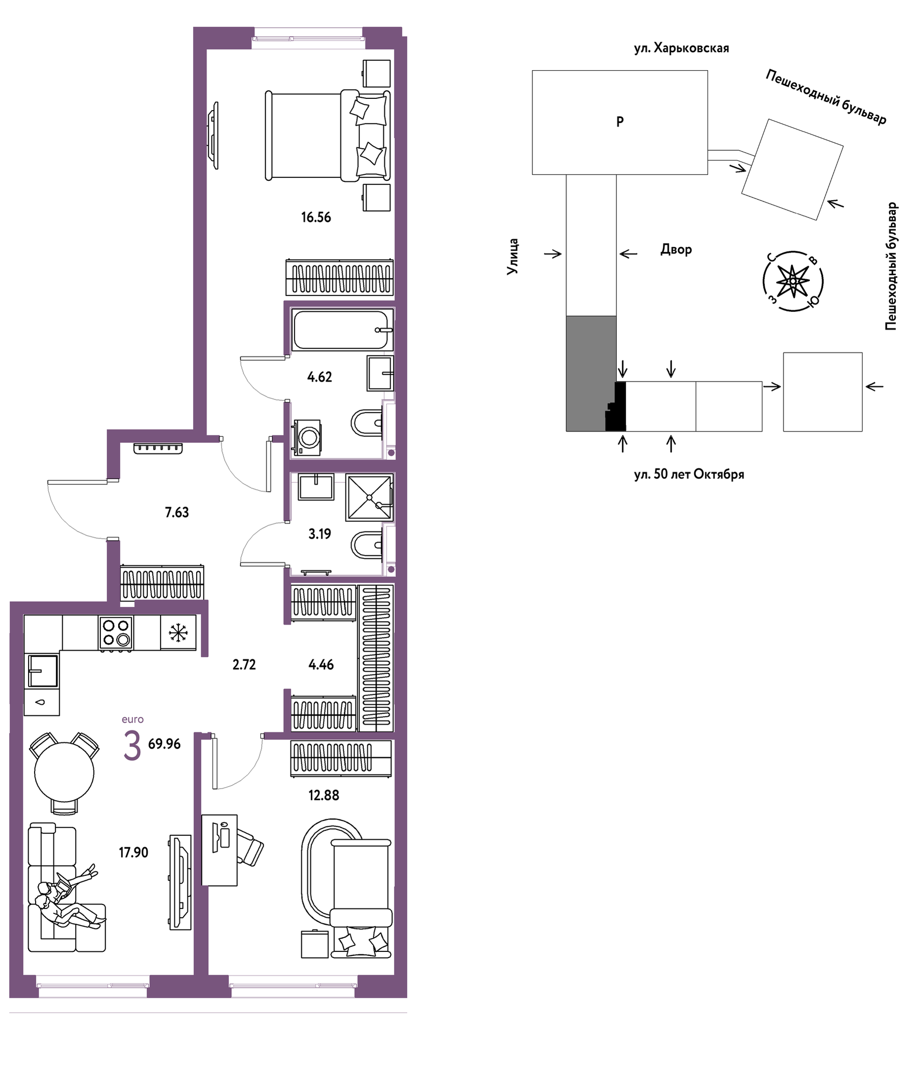 Планировка: Евротрешка 70 м² в ЖК Сердце Сибири, Центр: КПД