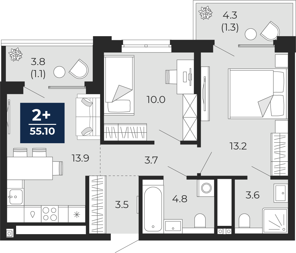 Планировка: Евротрешка 52.7 м² в ЖК Мириады, Мыс