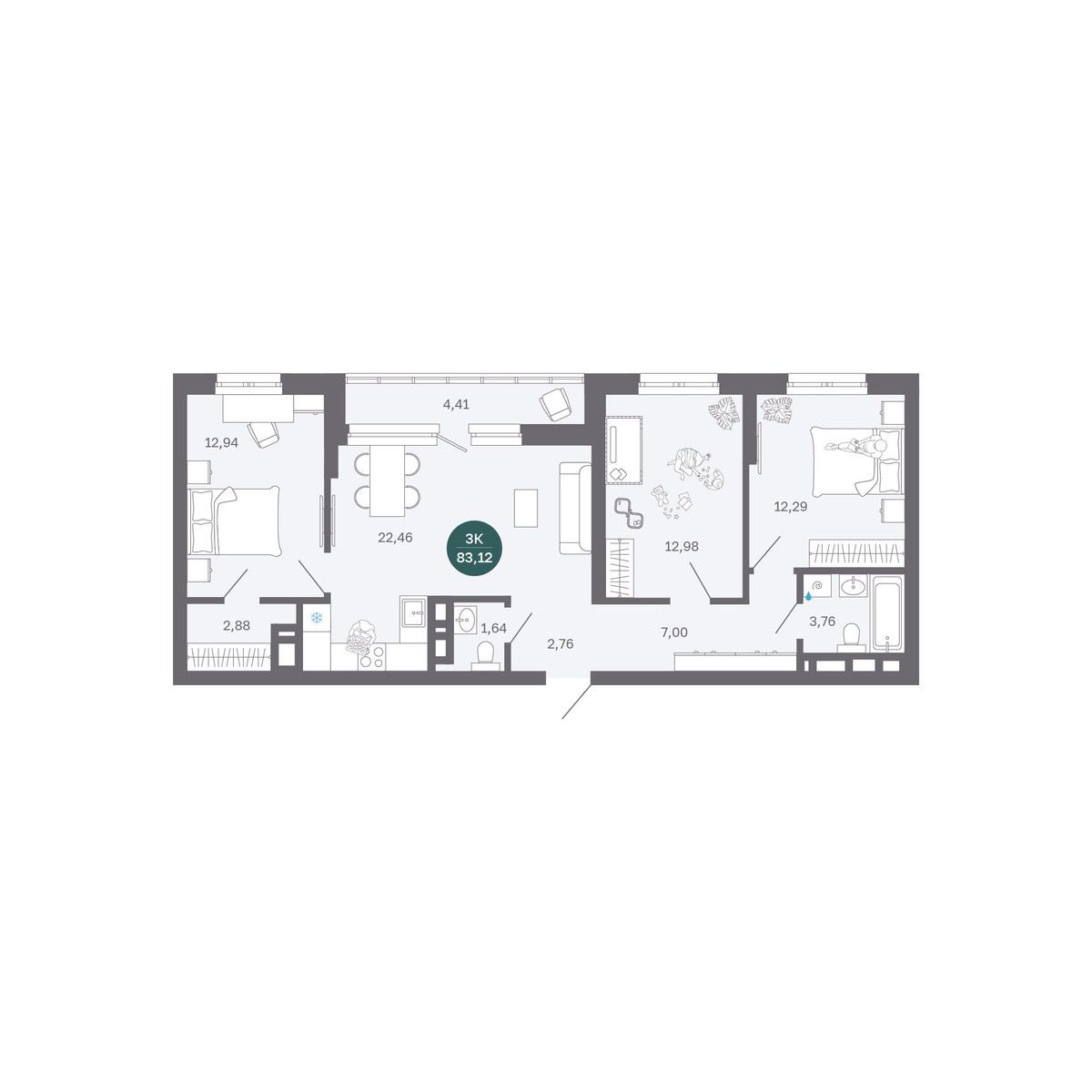 Планировка: 4-комнатная евро 83.1 м² в ЖК Румянский, Центр: Студгородок