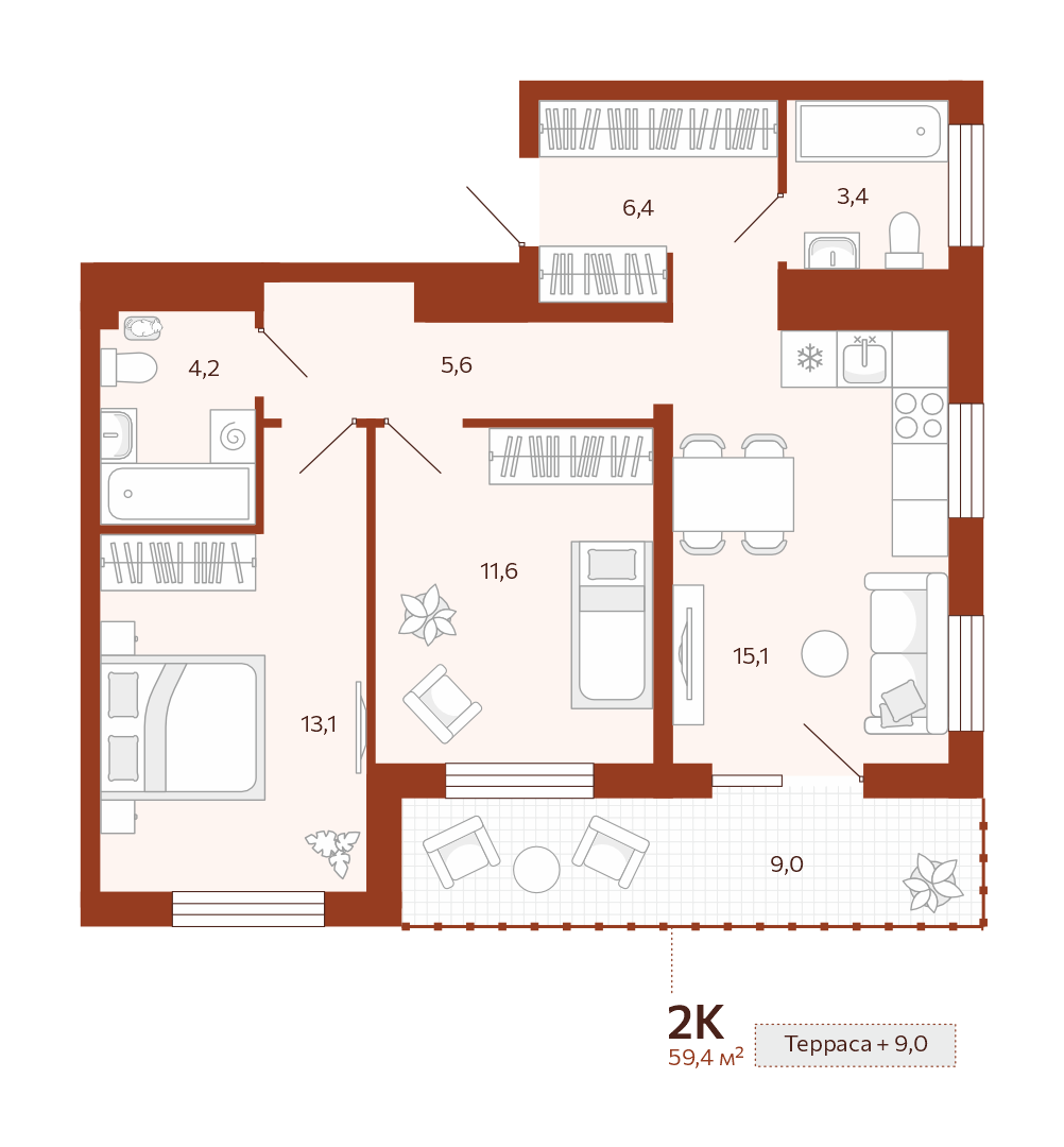 Планировка: Евротрешка 59.4 м² в ЖК Новатор, Центр: КПД