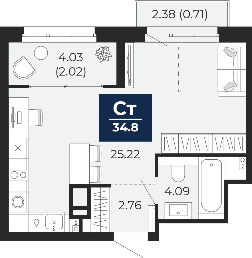 Планировка: Студия 32.1 м² в ЖК Беринг, Лесобаза