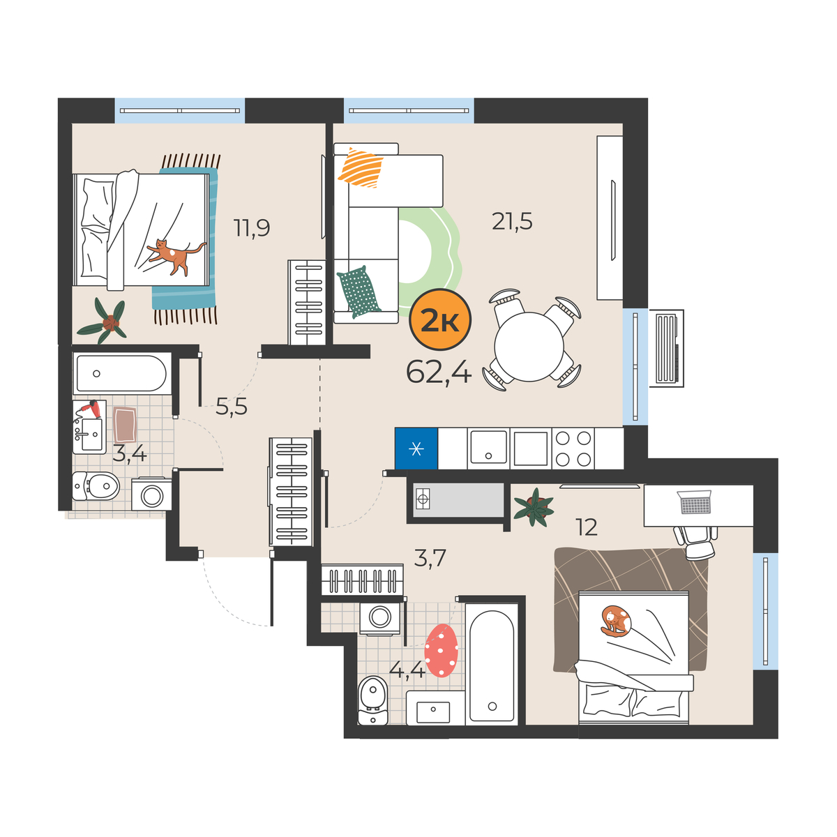 Планировка: Евротрешка 62.4 м² в ЖК Корней, Южный