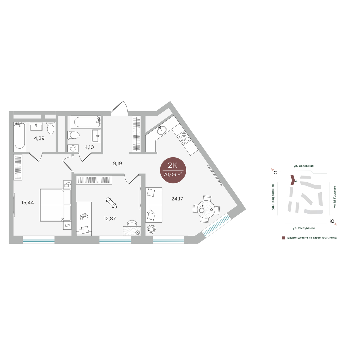 Планировка: Евротрешка 70.1 м² в ЖК Авторский квартал "Машаров", Центр: Драмтеатр