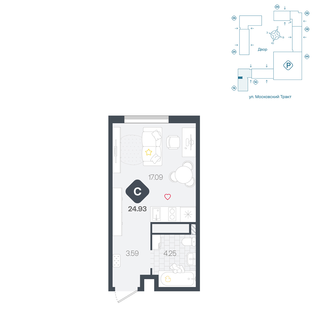 Планировка: Студия 24.9 м² в ЖК Сибирский, Московский тракт