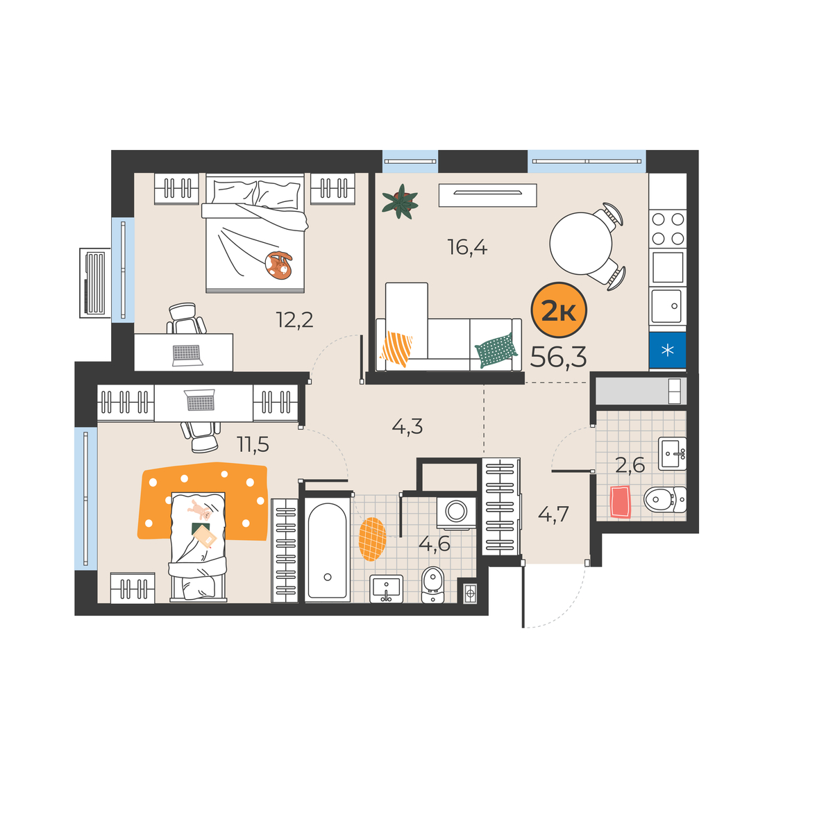 Планировка: Евротрешка 56.3 м² в ЖК Корней, Южный