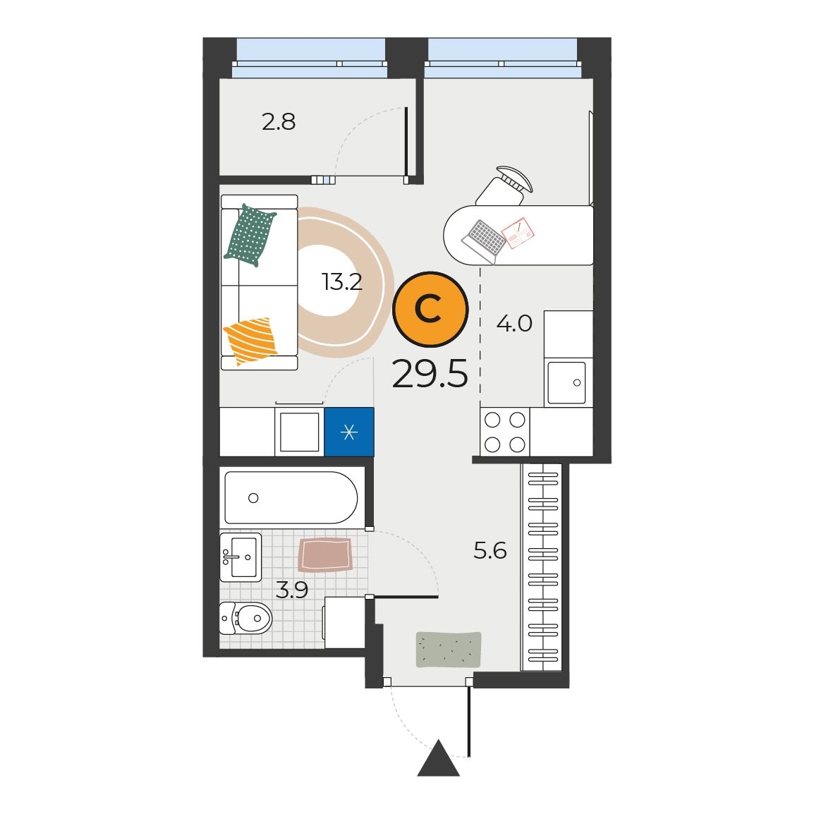 Планировка: Студия 29.5 м² в ЖК Корней, Южный