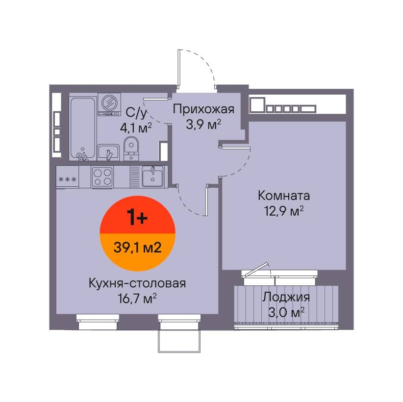 Планировка: Евродвушка 39.1 м² в ЖК Восход, Матмасы