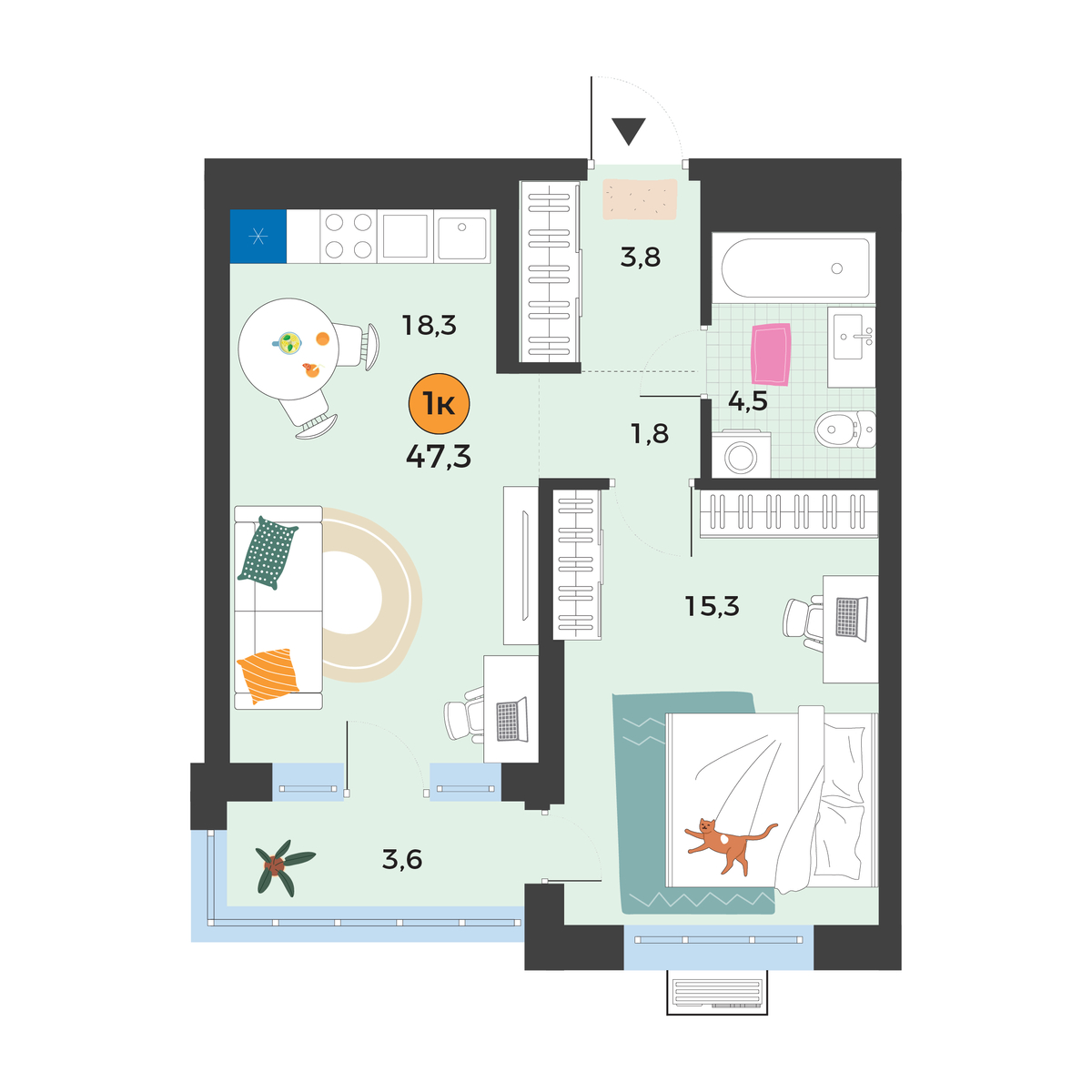 Планировка: Евродвушка 44.8 м² в ЖК Корней, Южный