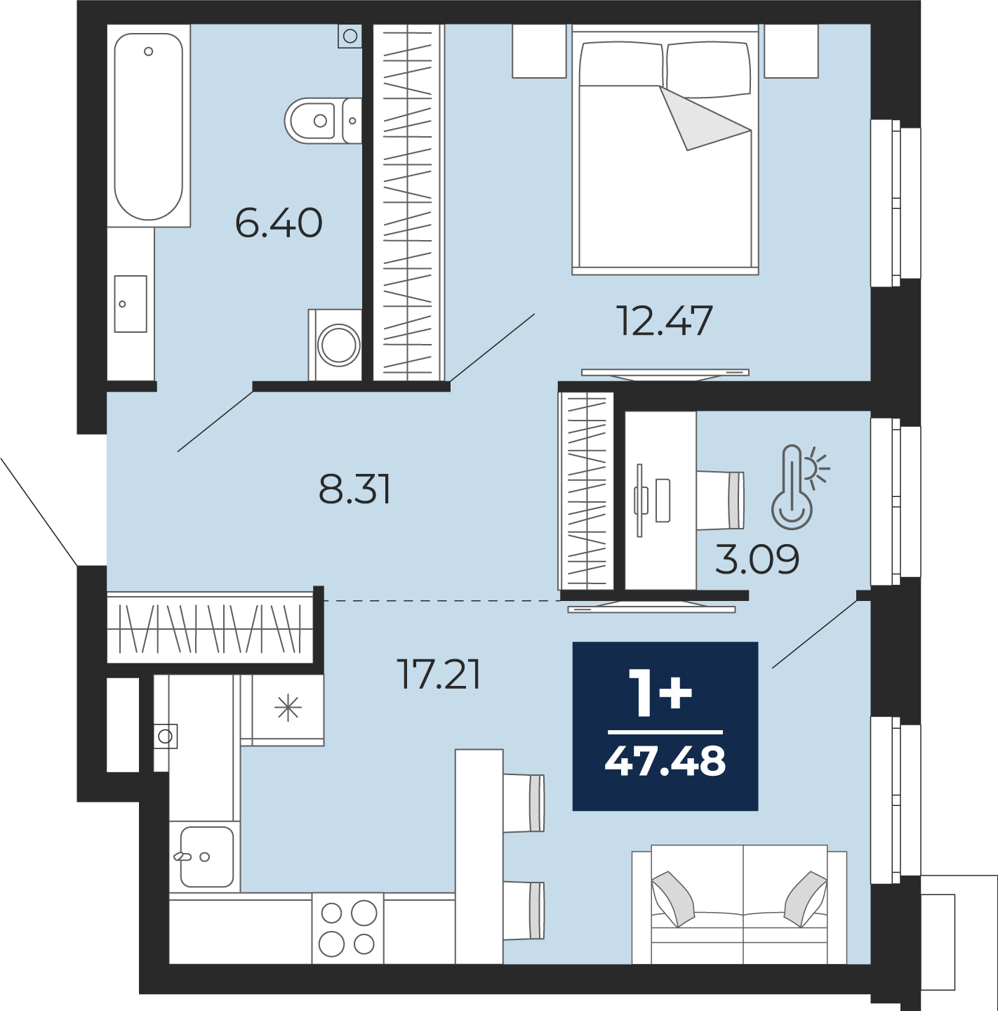 Планировка: Евродвушка 47.5 м² в ЖК Айвазовский, 5-й Заречный