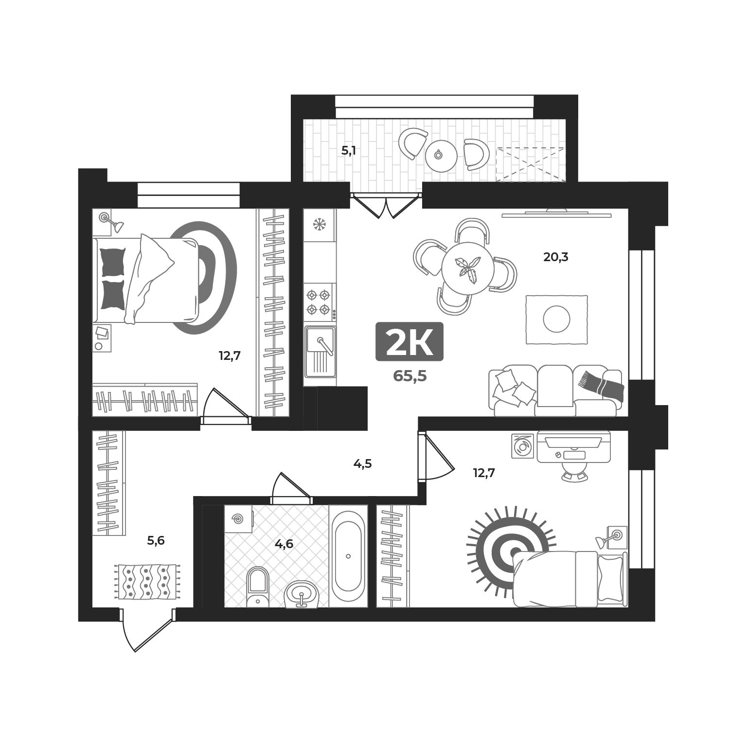 Планировка: Евротрешка 65.5 м² в ЖК Маэстро, 5-й Заречный