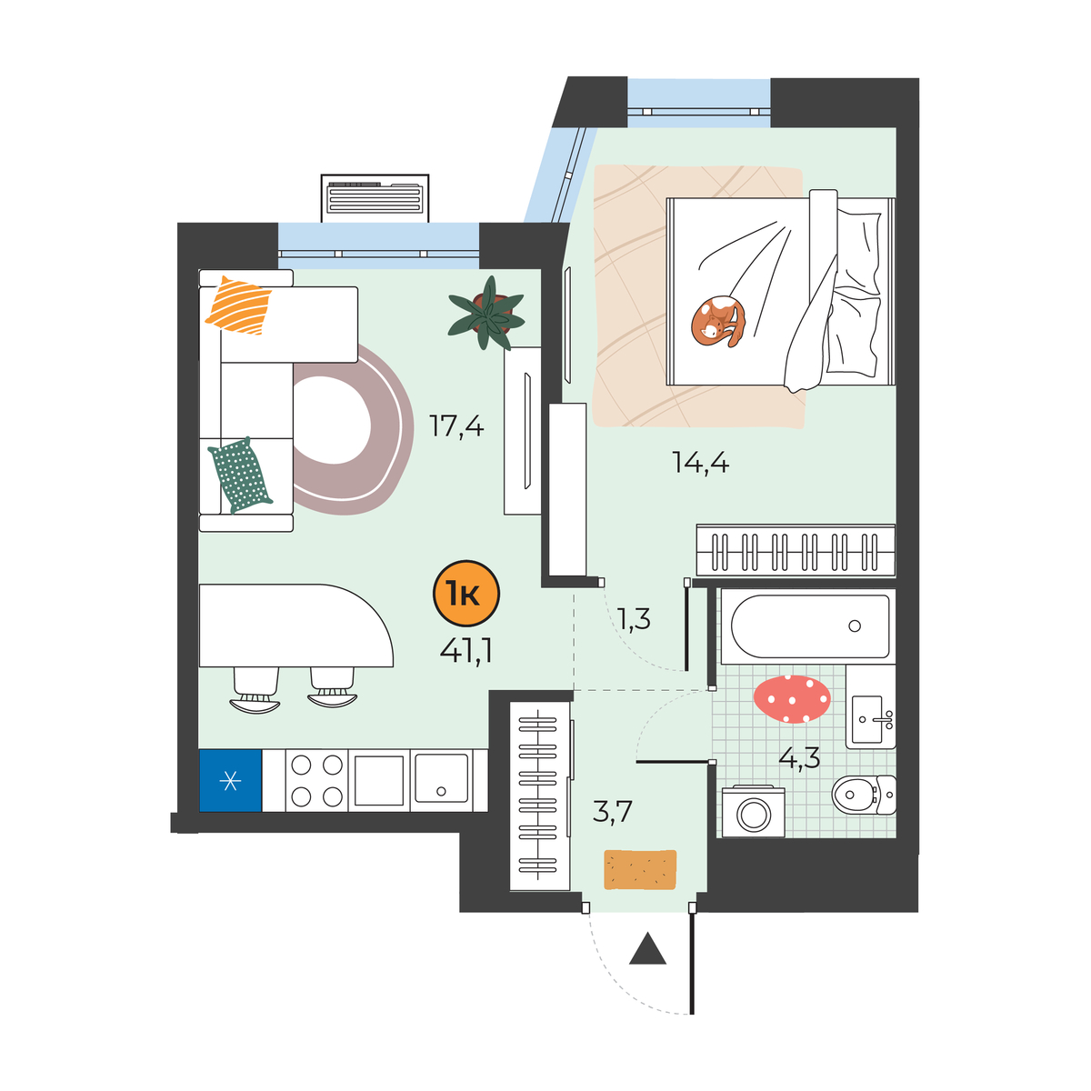 Планировка: Евродвушка 41.1 м² в ЖК Корней, Южный