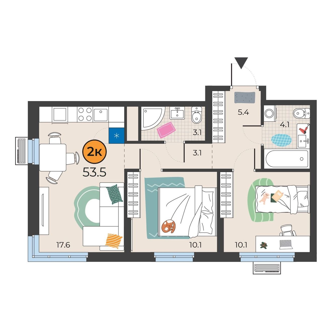 Планировка: Евротрешка 53.5 м² в ЖК Корней, Южный