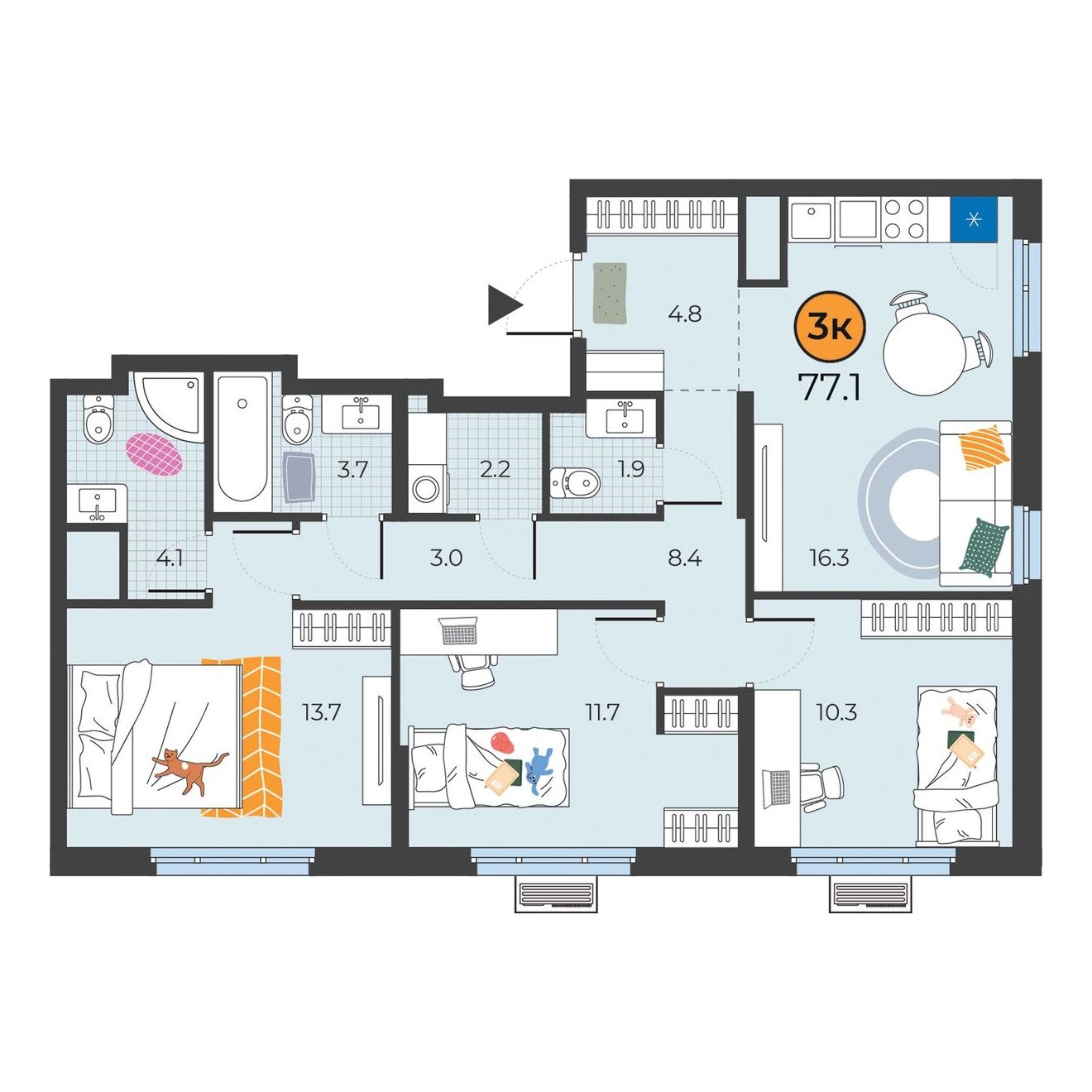Планировка: 4-комнатная евро 77.1 м² в ЖК Корней, Южный
