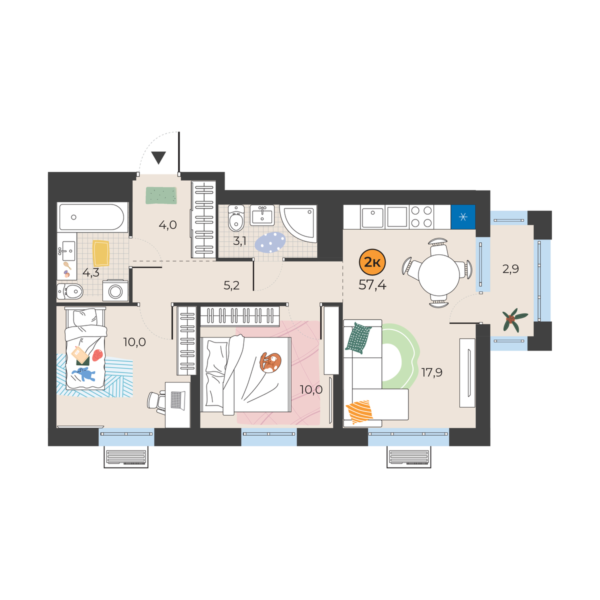 Планировка: Евротрешка 55.4 м² в ЖК Корней, Южный