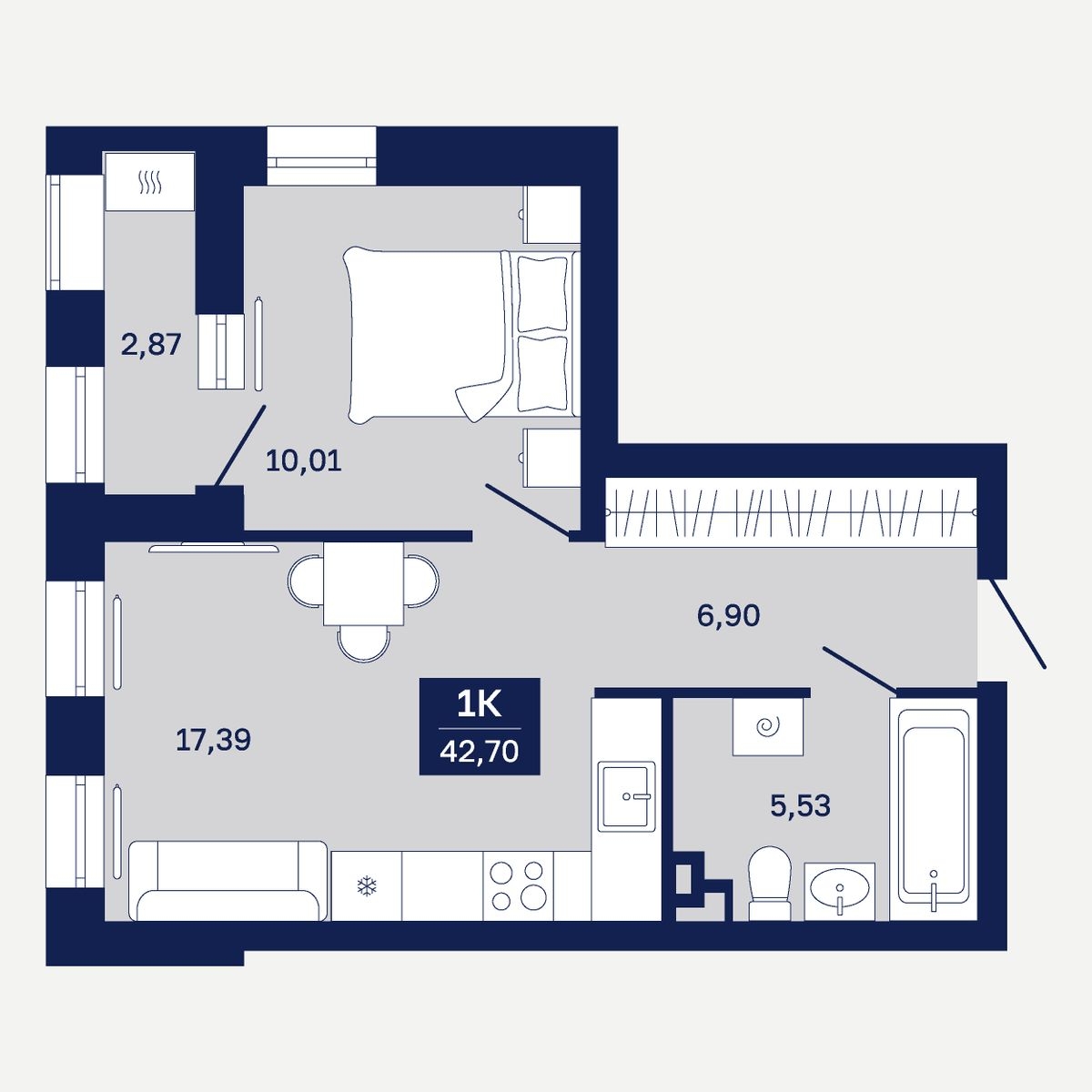 Планировка: Евродвушка 42.7 м² в ЖК Дом на Ямской, Дом Обороны