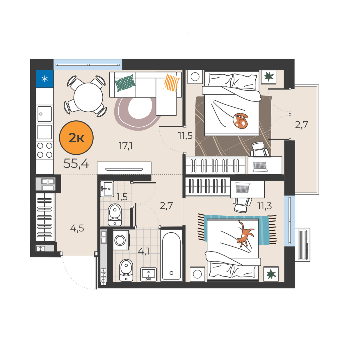 Планировка: Евротрешка 52.7 м² в ЖК Корней, Южный