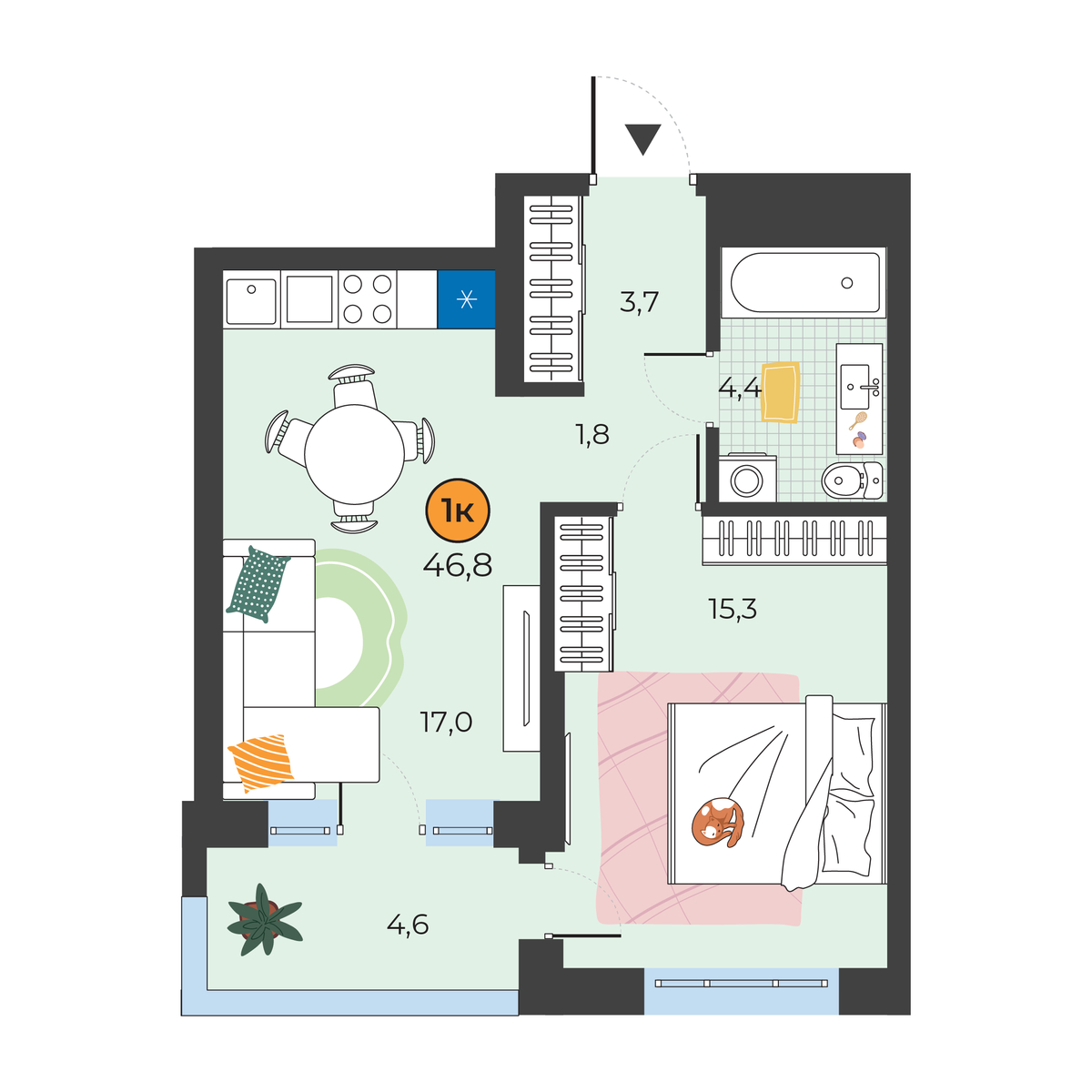 Планировка: Евродвушка 43.6 м² в ЖК Корней, Южный