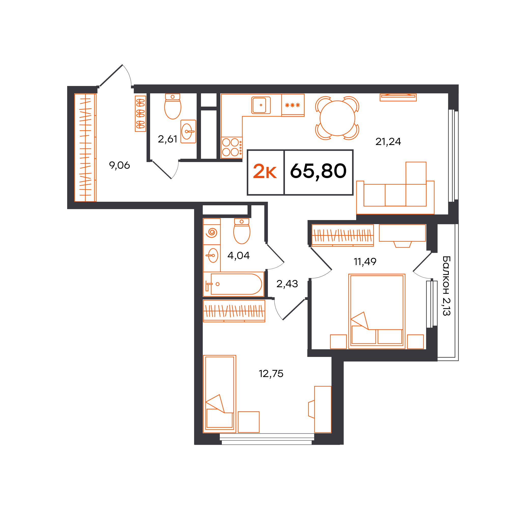 Планировка: Евротрешка 65.8 м² в ЖК Отличие, Комарово Парк