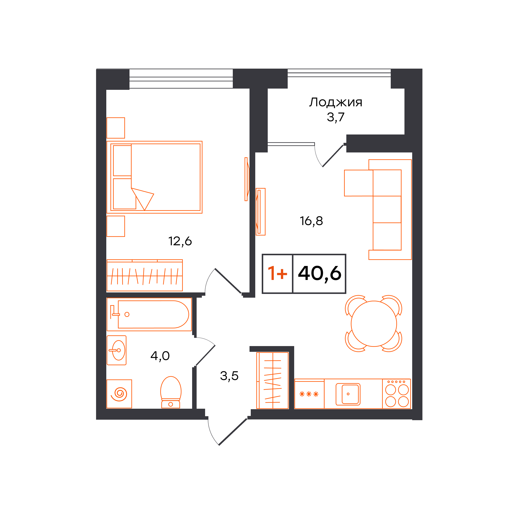 Планировка: Евродвушка 40.6 м² в ЖК Умный квартал UNO, Московский тракт