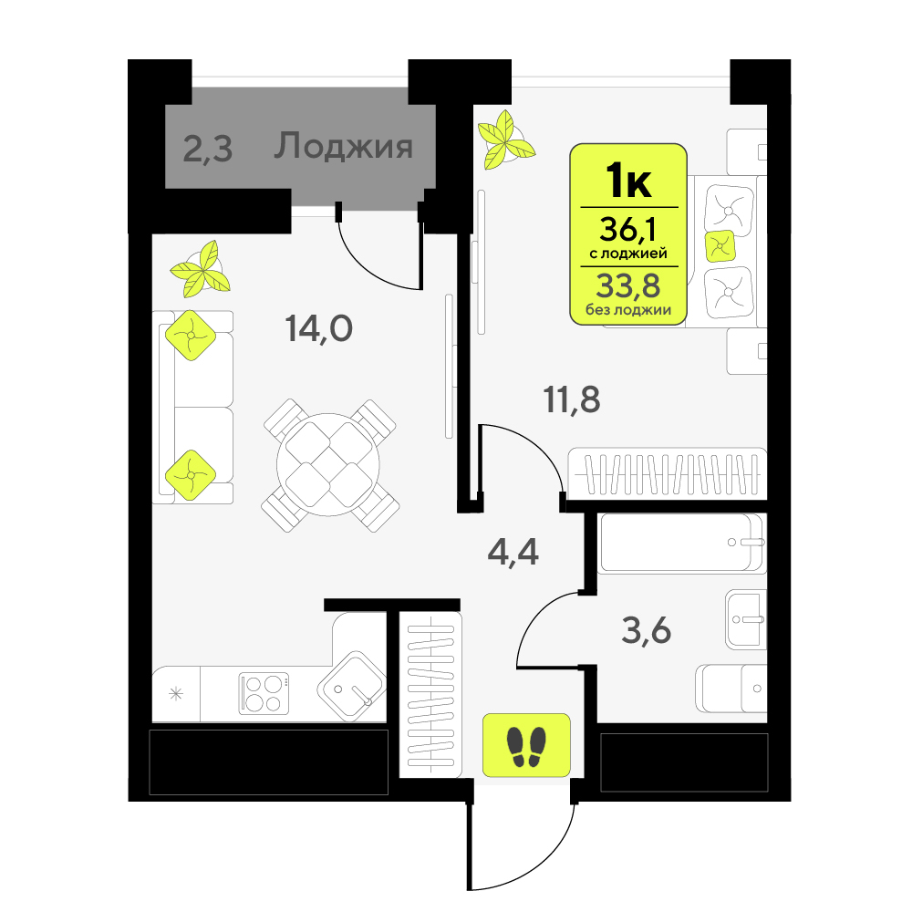 Планировка: Евродвушка 36.1 м² в ЖК Мотивы, От Плеханова до Южного