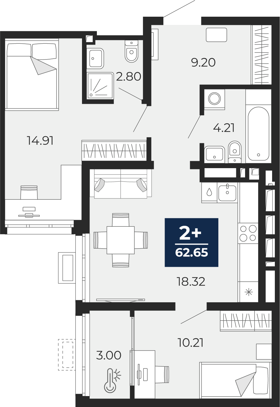 Планировка: Евротрешка 62.6 м² в ЖК Беринг, Лесобаза