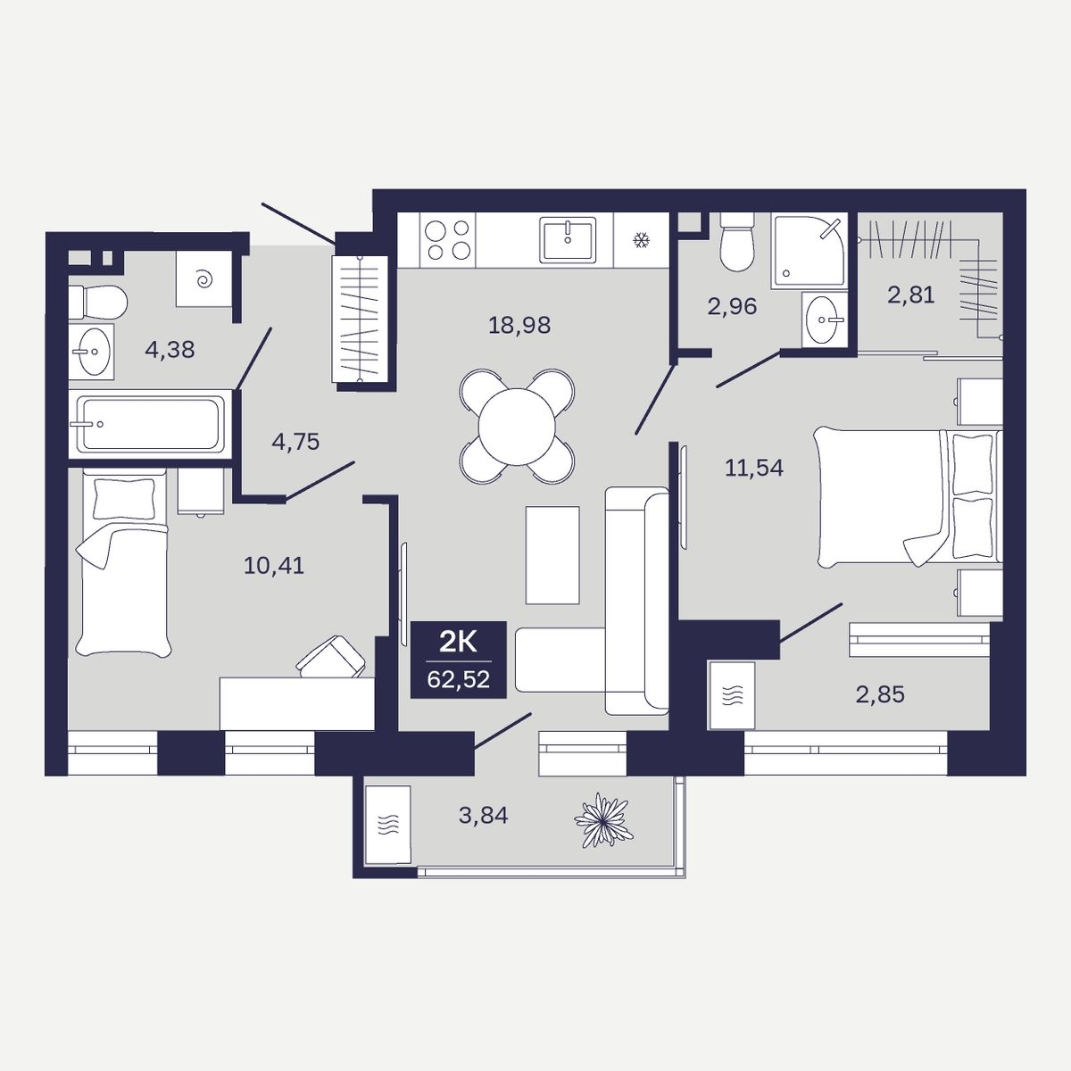 Планировка: Евротрешка 62.5 м² в ЖК Дом на Ямской, Дом Обороны