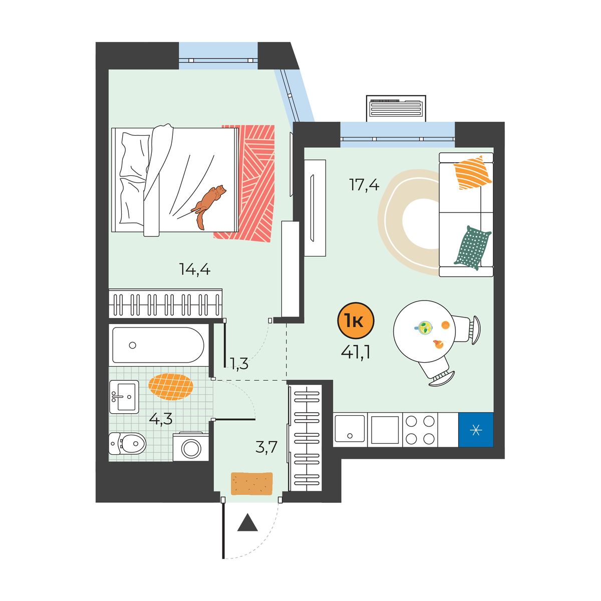 Планировка: Евродвушка 41.1 м² в ЖК Корней, Южный