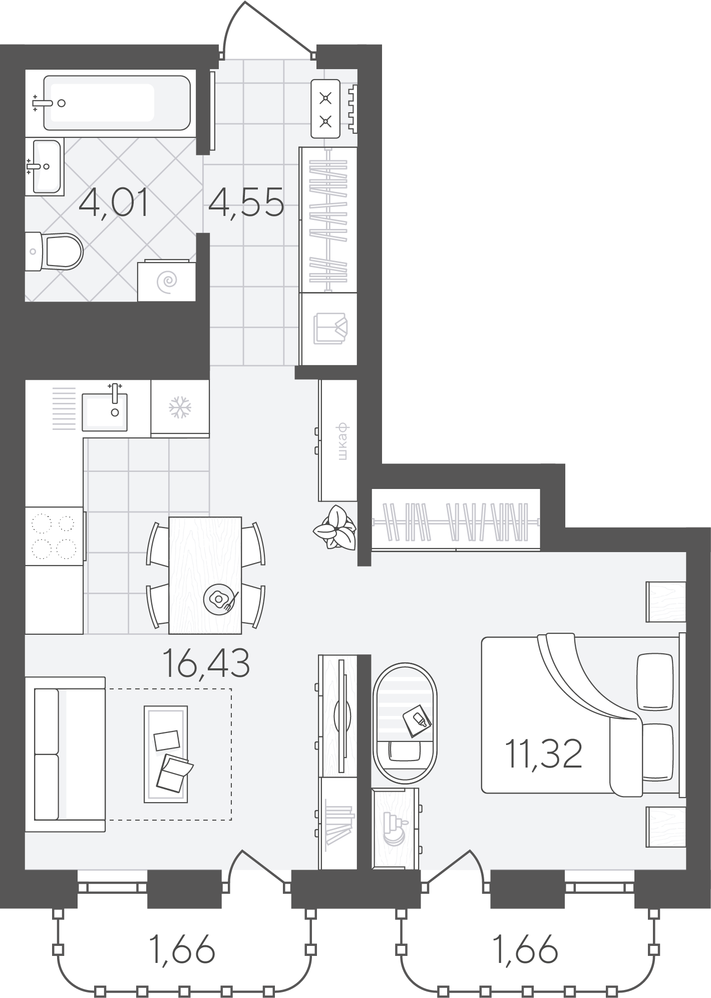 Планировка: Евродвушка 39.6 м² в ЖК Скандиа. Квартал в Слободе, Тюменская слобода