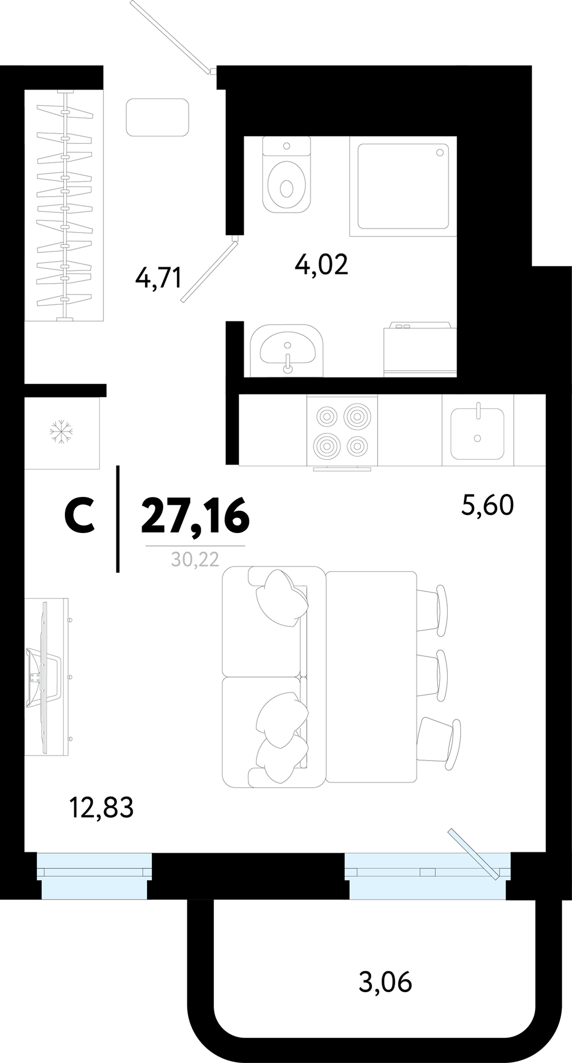 Планировка: Студия 27.2 м² в ЖК Символ, Комарово Парк