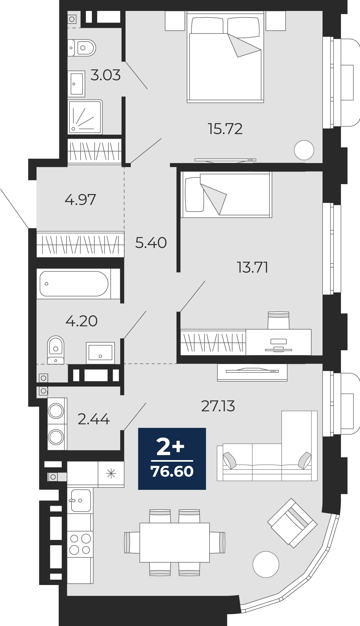 Планировка: Евротрешка 76.6 м² в ЖК Айвазовский, 5-й Заречный