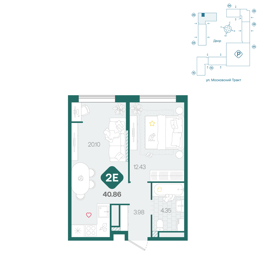 Планировка: Евродвушка 40.9 м² в ЖК Сибирский, Московский тракт